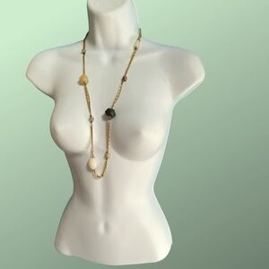 Vintage Gold Tone Chain With Natural Stone Beads Long Necklace